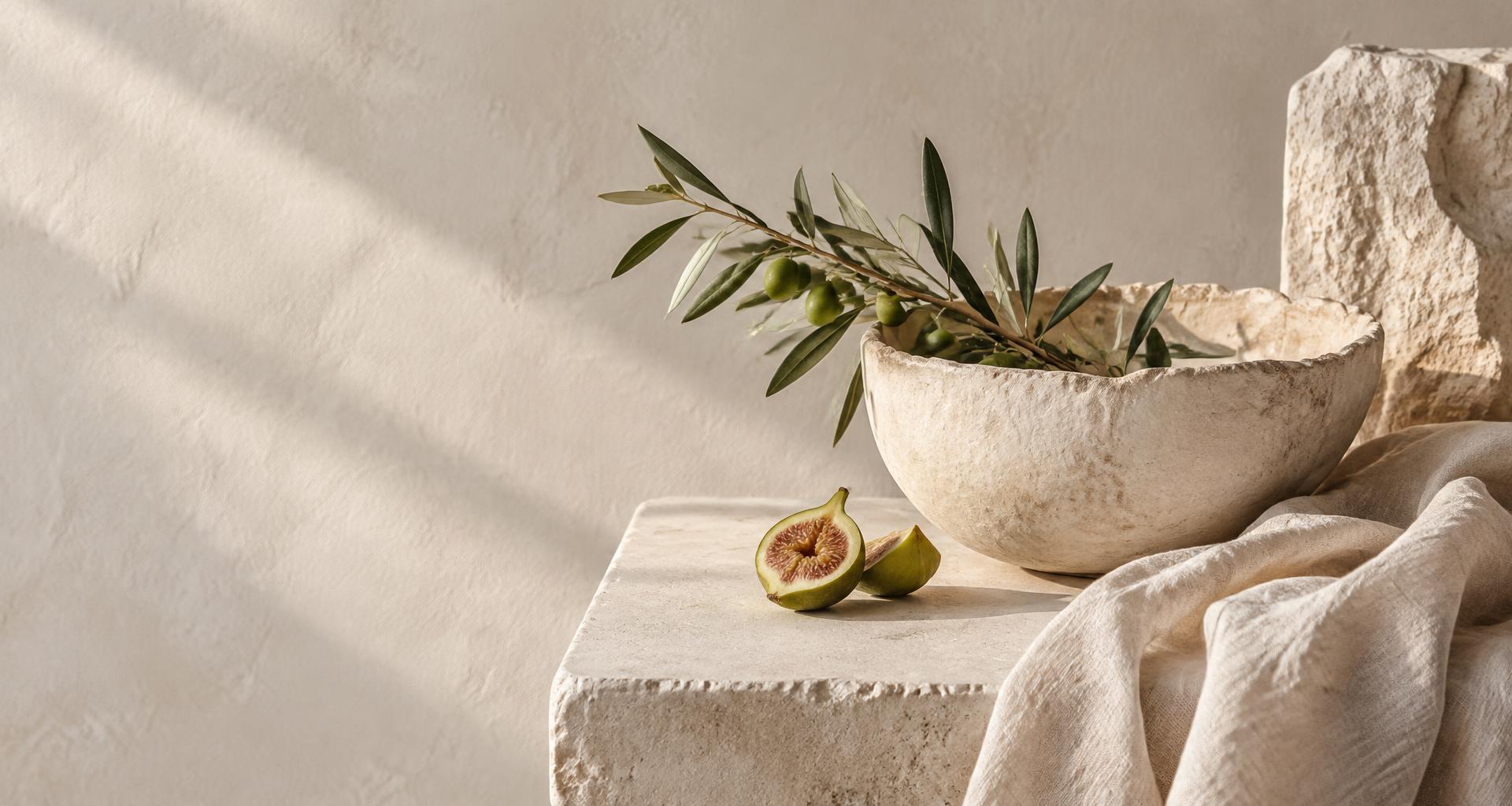Handcrafted ceramic bowl, olive branch, fig and linen in natural light